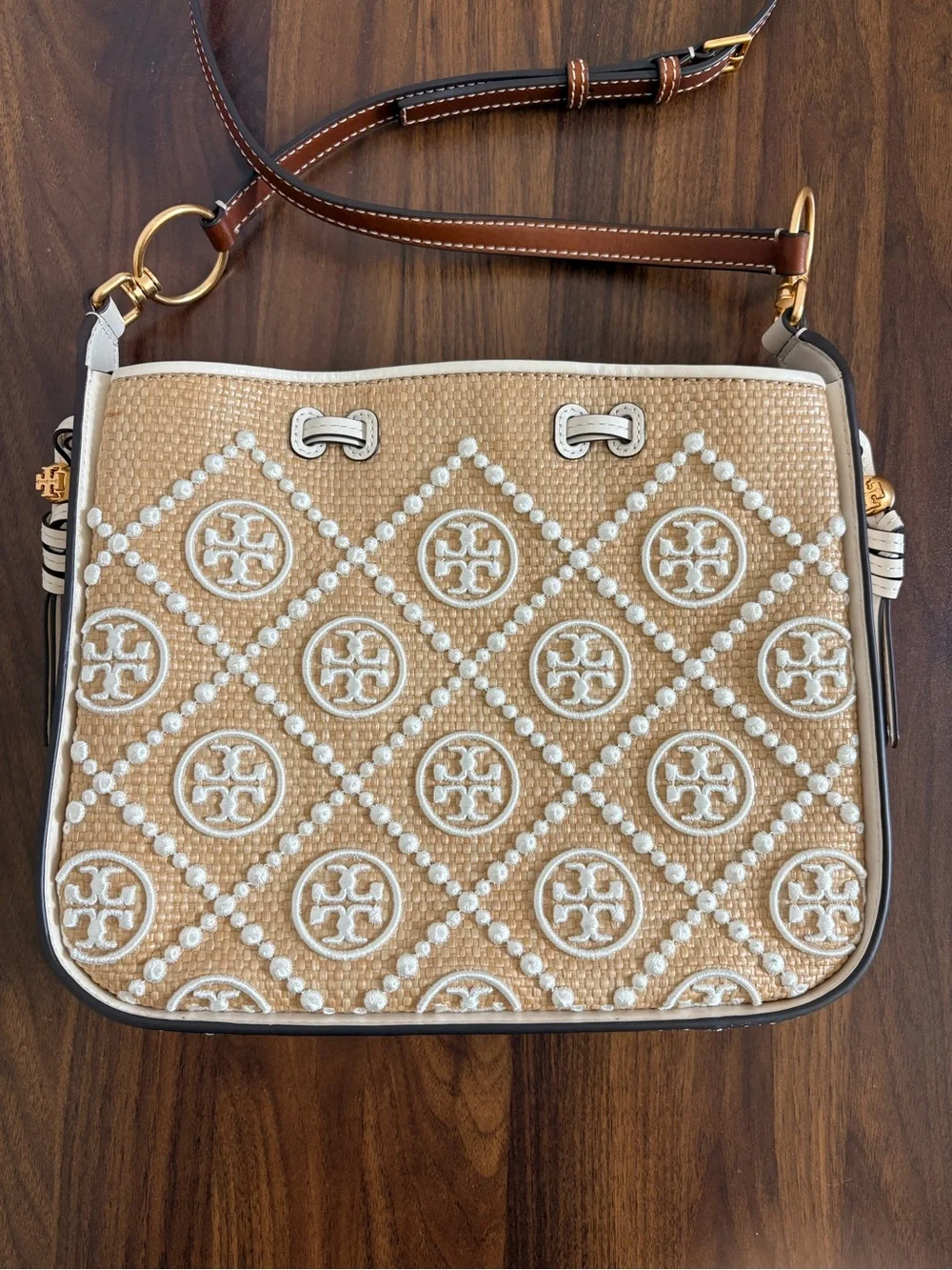 Tory Burch Tan Raffia Crossbody with Logo Embroidery